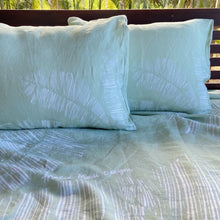 Load image into Gallery viewer, Maia Sage Sheet Set includes two pillowcases and a flat sheet.
